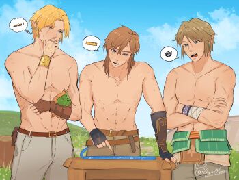 3boys bandaged_arm bandages black_gloves blue_eyes blue_sky brown_gloves brown_pants c4rr0tzzz cloud cloudy_sky cowboy_shot creature crossed_arms fingerless_gloves furrowed_brow gloves grey_pants hair_between_eyes hand_on_own_chin highres holding holding_creature image_in_thought_bubble korok male_focus medium_hair multiple_boys nintendo open_mouth outdoors pants parted_bangs pointy_ears ruler short_hair sidelocks sky spoken_squiggle squiggle sweat the_legend_of_zelda the_legend_of_zelda:_breath_of_the_wild the_legend_of_zelda:_ocarina_of_time the_legend_of_zelda:_twilight_princess topless_male tree_stump twitter_username