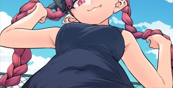 1girl :3 black_one-piece_swimsuit blue_sky braid breasts closed_mouth cloud commentary_request covered_navel fang from_below fuuzasa hand_in_own_hair head_out_of_frame kaenbyou_rin long_hair looking_at_viewer medium_breasts one-piece_swimsuit outdoors red_eyes red_hair side_braids sky sleeveless solo swimsuit touhou twin_braids