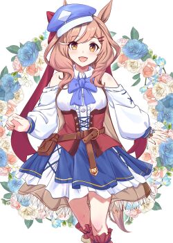 1girl animal_ears belt_bag blush breasts brown_eyes brown_hair commentary_request flower funamori hair_between_eyes hair_ornament hairclip highres horse_ears horse_girl looking_at_viewer matikanetannhauser_(panpaka_tiltott)_(umamusume) matikanetannhauser_(umamusume) medium_breasts off-shoulder_shirt off_shoulder open_mouth red_eyes shirt simple_background thighs umamusume white_background