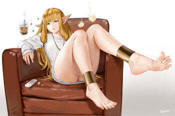 1girl absurdres alternate_costume anklet artist_name bare_legs barefoot blonde_hair breasts commentary controller dorsiflexion easonx elf english_commentary feet floating floating_object foot_focus gradient_background highres jewelry legs long_hair long_sleeves looking_at_viewer panties pointy_ears remote_control serie_(sousou_no_frieren) shirt small_breasts soles solo sousou_no_frieren toes underwear white_panties white_shirt yellow_eyes