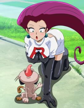 1boy 1girl bent_over boots breasts cat crop_top earrings gen_1_pokemon green_eyes hungry jessie_(pokemon) jewelry long_hair meowth nintendo nipples open_mouth pokemon pokemon_(anime) pokemon_(creature) red_hair skirt thigh_boots tongue tongue_out