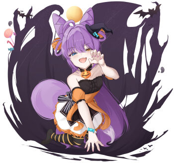 1girl ahoge alternate_costume armband bat_(animal) black_hat black_pantyhose black_shirt blue_eyes candy center_frills claw_pose cone_hair_bun double_bun fang fingernails food foreshortening frilled_shirt frills full_body gift_(artist) hair_between_eyes hair_bun hair_intakes hair_rings halloween halloween_costume hand_up hashtag-only_commentary hat heterochromia highres jack-o&#039;-lantern_brooch kneeling lollipop long_bangs long_hair looking_at_viewer mini_hat nail_polish no_shoes open_mouth orange_armband orange_eyes orange_sash pantyhose pink_nails purple_hair shirt simple_background skin_fang skirt smile solo stellive straight_hair strapless strapless_shirt striped_clothes striped_pantyhose tenko_shibuki v-shaped_eyebrows very_long_hair virtual_youtuber white_background white_skirt witch_hat