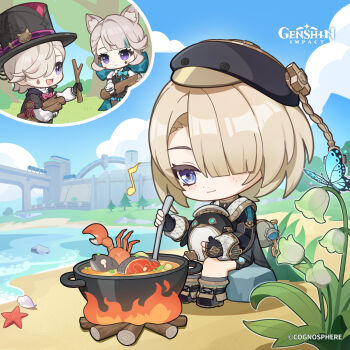 1girl 2boys absurdres animal_ear_fluff animal_ears black_boots black_hat black_shorts blonde_hair blue_sky boots brother_and_sister brothers bug building butterfly chibi closed_mouth commentary copyright_name crab day dot_nose english_commentary fingerless_gloves fire fish flower food freckles freminet_(genshin_impact) genshin_impact gloves hair_over_one_eye hat highres holding insect long_sleeves lynette_(genshin_impact) lyney_(genshin_impact) multiple_boys musical_note non-humanoid_robot official_art outdoors pers_(genshin_impact) puffy_long_sleeves puffy_sleeves robot robot_animal shell short_shorts shorts siblings sitting sky starfish top_hat tree vision_(genshin_impact) water