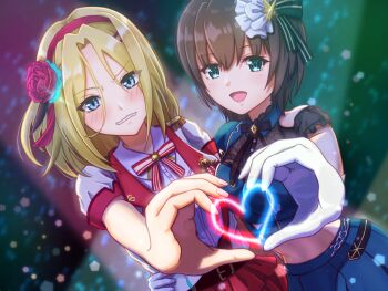 2girls aoi_erika arm_around_waist blonde_hair blue_eyes blue_skirt blush bow brown_hair clenched_teeth crop_top cropped_shirt flower gloves glowstick green_eyes hair_flower hair_ornament hairband hand_on_another's_hip hand_on_another's_waist heart heart_hands heart_hands_duo heaven_burns_red highres idol idol_clothes jacket looking_at_viewer medium_hair midriff minase_ichigo multiple_girls navel open_mouth red_flower red_hairband red_skirt ribbon shirt short_hair short_sleeves skirt smile stage sybilla_(batvb) teeth white_gloves white_jacket