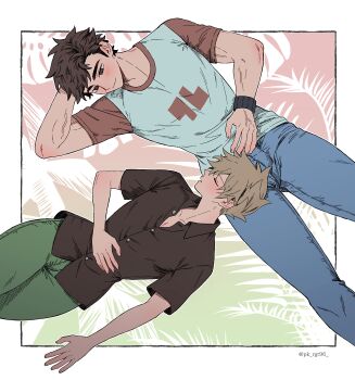 Rule 34 | 2boys, absurdres, arm up, black shirt, blue oak, blue pants, border, brown eyes, brown hair, buttons, closed eyes, collared shirt, commentary request, crew neck, denim, feet out of frame, from above, green pants, hand on own stomach, highres, jeans, lap pillow, looking at another, lying, male focus, multiple boys, nintendo, on back, outside border, pants, parted bangs, parted hair, pk rgr96, pokemon, pokemon sm, print shirt, red (pokemon), shirt, short sleeves, sideburns, watch, wristwatch