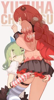 Rule 34 | 2girls, absurdres, ark john up, arm warmers, blush, braid, braided twintails, cardigan, character name, earrings, green eyes, green hair, green nails, hair ornament, hairclip, hairpin, highres, hug, jewelry, legs, long hair, looking at viewer, looking down, multiple girls, multiple hairclips, musical note earrings, nail polish, pink arm warmers, red hair, shirt, simple background, skirt, sphere hair ornament, striped arm warmers, sunna (zenless zone zero), thigh strap, thighs, twin braids, twintails, ukinami yuzuha, very long hair, white background, white shirt, zenless zone zero