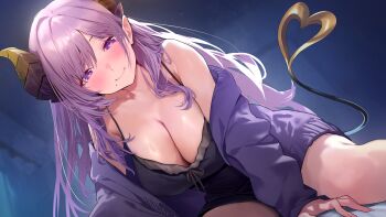 1girl absurdres babydoll bed_sheet black_babydoll blush breasts cleavage highres honey_strap horns indoors jacket kiba large_breasts lingerie long_hair long_sleeves looking_at_viewer mole mole_under_mouth nanashi_inc. night pointy_ears purple_eyes purple_hair purple_jacket saionji_mary sidelocks smile solo sweater tail underwear yuyu_(yuyuworks)
