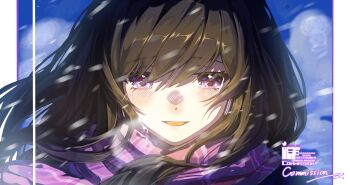 1girl akemi_homura black_hair blue_sky blush border cloud commission crying crying_with_eyes_open day dot_nose happy happy_tears highres kokaiff long_hair mahou_shoujo_madoka_magica mahou_shoujo_madoka_magica_(anime) open_mouth outdoors outside_border pillarboxed plaid_clothes plaid_scarf portrait purple_eyes purple_scarf sample_watermark scarf sidelocks sky smile snow snowing solo streaming_tears tears upper_body watermark white_border wind