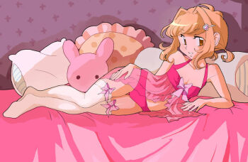 1other androgynous blonde_hair bow_legwear brown_eyes clovejar commentary english_commentary flat_chest full_body hair_intakes heart_hairclip lingerie negligee on_bed original panties parted_lips pink_negligee pink_panties rabbit-shaped_pillow sidelocks solo thighhighs underwear white_thighhighs