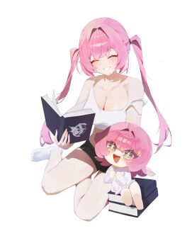 Rule 34 | + +, 2girls, absurdres, alternate hairstyle, black shorts, book, breasts, cleavage cutout, clothing cutout, dress, elf, elf elysia, elysia (honkai impact), fire moth logo (honkai impact), hashtag-only commentary, highres, holding, holding book, honkai (series), honkai impact 3rd, large breasts, long hair, multiple girls, nareusii, pink hair, pointy ears, shorts, simple background, smile, socks, tank top, thighs, twintails, very long hair, white background, white dress, white socks, white tank top