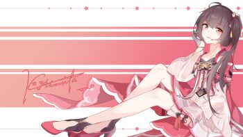 1girl absurdres ahoge black_gloves brown_hair commentary_request crossed_bangs dress full_body gloves hair_ornament hand_up headset high_heels highres indie_virtual_youtuber kolimiya legs long_hair looking_at_viewer open_mouth red_dress red_eyes red_shoes shoes signature sitting smile solo virtual_youtuber yousa