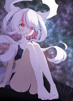 Rule 34 | 1girl, absurdres, barefoot, black bra, black panties, bra, colored inner hair, commentary request, duel masters, highres, horns, knees up, kouchi no chouten radio roses, long hair, multicolored hair, open mouth, panties, pengcake, pink eyes, pink hair, sitting, sky, solo, star (sky), starry sky, tail, twintails, underwear, white hair, white horns