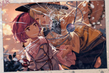 2girls :d black_hairband black_hat blouse blue_shirt blunt_bangs bow broken_glass buttons closed_eyes closed_mouth cloud diamond_button dusk frilled_shirt_collar frilled_sleeves frills furahata_gen glass green_hair green_skirt hairband hand_up happy hat hat_bow heads_together heart heart_button heart_of_string highres komeiji_koishi komeiji_satori leaf long_sleeves looking_at_another looking_at_viewer lower_teeth_only medium_hair multiple_girls open_mouth outdoors outstretched_arms parted_bangs photo_(object) pink_eyes pink_hair pink_skirt red_eyes shirt short_hair siblings signature sisters skirt sky sleeves_past_fingers sleeves_past_wrists smile stitches teeth third_eye touhou wide_sleeves yellow_bow yellow_shirt