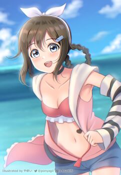 1girl absurdres alternate_costume armpits beach birthday black_choker blue_eyes blue_shorts blue_sky brown_hair choker cloud collarbone commentary_request hairband happy_birthday heart heart_tattoo highres long_hair long_sleeves looking_at_viewer love_live! love_live!_nijigasaki_high_school_idol_club navel ocean open_clothes osaka_shizuku pixiv_id pixiv_logo ponyagii puffy_sleeves shorts sky solo stomach_tattoo swimsuit tattoo teeth tongue twitter_logo twitter_username upper_body upper_teeth_only