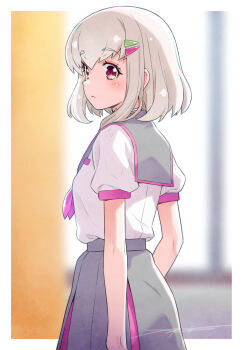 1girl :&lt; blurry blurry_background border breasts closed_mouth commentary_request grey_hair grey_sailor_collar grey_skirt hair_ornament hairclip hanamichi_middle_school_uniform high-waist_skirt highres kazuma_muramasa kimi_to_idol_precure looking_at_viewer medium_hair neckerchief pink_eyes pink_neckerchief pleated_skirt precure puffy_short_sleeves puffy_sleeves purirun_(civilian)_(precure) purirun_(precure) sailor_collar school_uniform serafuku shirt shirt_tucked_in short_sleeves skirt small_breasts solo star_(symbol) star_in_eye symbol_in_eye white_border white_shirt