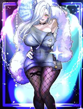 1girl bare_shoulders black_shorts blue_lips blush breasts choker cleavage commentary_request dress earrings eyeliner fate/grand_order fate_(series) fishnet_pantyhose fishnets folding_fan fur_shawl grey_dress grey_hair hair_over_one_eye hand_fan hoop_earrings jewelry large_breasts long_hair looking_at_viewer makeup mrs._snake_(fate) off_shoulder open_mouth pantyhose revision satou_nui shawl short_shorts shorts smile solo sweater sweater_dress tassel thighs yellow_eyes