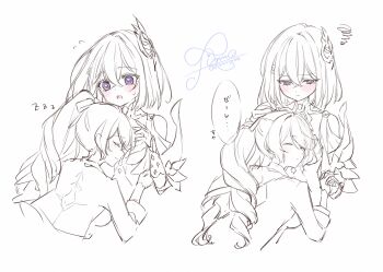 Rule 34 | 2girls, blue eyes, blush, bronya zaychik, commentary request, crossed bangs, drill hair, flying sweatdrops, hair between eyes, highres, honkai (series), honkai impact 3rd, long hair, multiple girls, open mouth, partially translated, ponytail, red pupils, rinna (xxrinna), seele vollerei, short hair, signature, sleeping, sleeping on person, squiggle, translation request, zzz