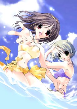 absurdres bikini blue_sky brown_eyes green_hair hairband highres imasaka_yue looking_at_viewer memories_off memories_off_1 non-web_source official_art open_mouth otowa_kaoru purple_bikini short_hair sky smile swimsuit water yellow_hairband