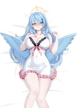 1girl absurdres alternate_costume angel_wings blue_archive blue_hair blue_wings blush breasts cawl closed_mouth commentary covered_navel dress english_commentary feathered_wings frilled_dress frills green_eyes halo highres large_breasts long_hair looking_at_viewer mine_(blue_archive) pointy_ears sleepwear solo white_dress wings yellow_halo