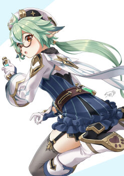 Rule 34 | 1girl, animal ears, blue dress, boots, breasts, commentary request, dress, frilled skirt, frills, garter straps, genshin impact, glasses, gloves, green hair, hat, high heels, holding, holding vial, kneeling, looking at viewer, medium breasts, short hair, signature, skirt, solo, sucrose (genshin impact), thighhighs, tyuga, vial, white boots, white hat, yellow eyes