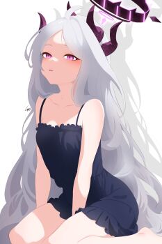 1girl absurdres ahoge black_halo blue_archive blush breasts demon_girl demon_horns halo highres hina_(blue_archive) horns long_hair looking_at_viewer purple_eyes simple_background sitting small_breasts solo stasyafelix very_long_hair white_background white_hair