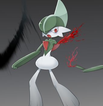 1boy after_battle ariumu arm_blade attack_trail battle blood blood_on_arm blood_splatter blood_spray colored_skin cut_(pokemon) dismemberment facing_to_the_side gallade gen_4_pokemon green_hair green_helmet grey_background helmet looking_to_the_side missing_limb mohawk motion_blur multicolored_skin nintendo open_mouth outstretched_arm outstretched_arms pokemon pokemon_(creature) red_eyes severed_arm severed_limb solo surprised two-tone_skin weapon wide-eyed wide_hips
