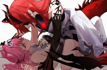2girls animal_ear_fluff animal_ears bare_shoulders breasts cleavage dress elizabeth_rose_bloodflame goggles goggles_on_head hashtag-only_commentary highres hololive hololive_english horns large_breasts lying multiple_girls on_back panther_ears panther_girl pink_hair raora_panthera red_eyes red_tail straddling strapless strapless_dress virtual_youtuber white_background white_dress yuq_ui yuri