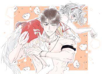 1boy 1girl animal_ears armband black_armband blush border bow brown_eyes brown_hair caleb_(love_and_deepspace) couple dog_ears dog_girl dog_tail hair_between_eyes hetero highres love_and_deepspace one_eye_closed over_shoulder parted_lips paw_pose protagonist_(love_and_deepspace) red_shirt shirt short_hair smile tail tail_bow tail_ornament ulin_1 white_border white_hair white_shirt