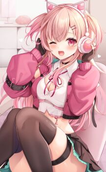 1girl ;d animal_ear_headphones animal_ears axent_wear black_choker black_gloves black_skirt black_thighhighs blonde_hair breasts cat_ear_headphones cat_ears choker cleavage cleavage_cutout clothing_cutout collared_shirt convenient_leg crop_top cropped_jacket detached_sleeves fake_animal_ears fang fingerless_gloves gloves gradient_hair hands_on_headphones hands_up headphones heart_cutout highres jacket knees_up long_hair long_sleeves looking_at_viewer medium_breasts midriff miniskirt miyagi_ratona momose_nina multicolored_hair neck_ribbon one_eye_closed open_clothes open_jacket open_mouth pink_jacket project_nebula puffy_sleeves red_eyes ribbon shirt sitting skirt smile solo thigh_strap thighhighs thighs two_side_up virtual_youtuber white_shirt