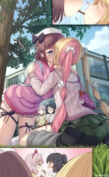 4girls absurdres black_hair blonde_hair blue_eyes blush brown_hair building day food highres kiss kneeling leg_ribbon long_hair looking_at_another miniskirt multi-tied_hair multicolored_hair multiple_girls on_ground original outdoors pink_hair pocky pocky_day pocky_kiss ribbon shared_food sitting skirt thigh_ribbon tree twintails two-tone_hair wanashi_tam yuri
