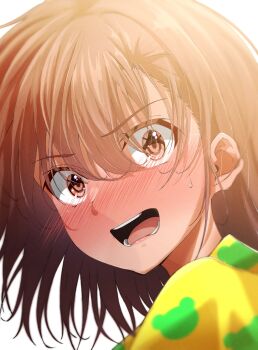 1girl absurdres blush brown_eyes brown_hair embarrassed halya_meri highres looking_at_viewer misaka_mikoto open_mouth portrait short_hair solo toaru_majutsu_no_index white_background