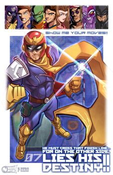 1girl 6+boys absurdres armor artist_logo belt black_shadow_(f-zero) blood_falcon blue_eyes boots brown_belt brown_hair captain_falcon colored_skin dr._stewart f-zero f-zero_falcon_densetsu gloves green_skin helmet highres jody_summer logo looking_at_viewer multiple_boys nintendo noximation pico_(f-zero) poster_(medium) purple_helmet purple_skin red_helmet ryu_suzaku samurai_goroh scar scarf shoulder_plates yellow_boots yellow_gloves yellow_scarf zoda_(f-zero)