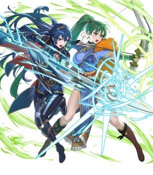 2girls armor attack belt blue_eyes blue_gloves blue_hair boots bow_(weapon) brand_of_the_exalt breastplate breasts earrings fingerless_gloves fire_emblem fire_emblem:_the_blazing_blade fire_emblem_awakening fire_emblem_heroes gloves green_eyes green_hair highres holding holding_polearm holding_weapon jewelry large_breasts long_hair lucina_(brave_princess)_(fire_emblem) lucina_(fire_emblem) lyn_(brave_lady)_(fire_emblem) lyn_(fire_emblem) multiple_girls nintendo non-web_source o-ring o-ring_belt official_alternate_costume official_art open_mouth pelvic_curtain polearm ponytail shield tiara very_long_hair weapon wind