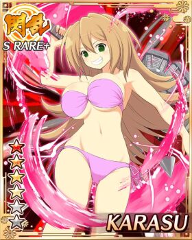1girl bikini border breasts brown_hair card_(medium) carrying_over_shoulder character_name cleavage electric_guitar english_text game_cg green_eyes grin guitar holding holding_guitar holding_instrument instrument karasu_(senran_kagura) large_breasts long_hair looking_at_viewer navel official_art pink_bikini senran_kagura senran_kagura_new_wave side-tie_bikini_bottom smile solo strapless strapless_bikini swimsuit