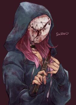1girl belt_collar blood bloody_knife blue_hoodie collar commentary_request dead_by_daylight dirty dirty_clothes english_text holding holding_knife hood hood_up hoodie jun_(junxjunx) knife mask pink_hair simple_background smiley_face solo susie_lavoie the_legion_(dead_by_daylight) upper_body