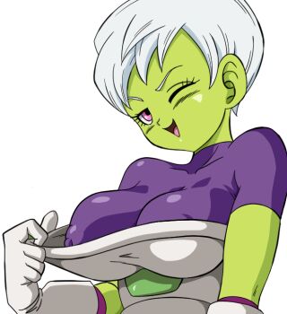 1girl breasts cheelai colored_skin dragon_ball dragon_ball_super dragon_ball_super_broly green_skin happy large_breasts nipples pink_eyes smile solo tagme white_hair yamamoto_doujin