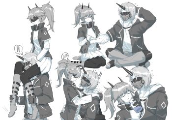 Rule 34 | !, !!, 1boy, 1girl, absurdres, arknights, arm behind head, arrow (symbol), boots, carrying, chinese commentary, closed eyes, closed mouth, commentary request, cotton swab, flying sweatdrops, gloves, greyscale, high collar, highres, holding, holding cotton swab, horns, indian style, jacket, knee boots, layered sleeves, long sleeves, monochrome, noir corne (arknights), open clothes, open jacket, pantyhose, ponytail, sflr, shirt, short-sleeved jacket, short hair, short over long sleeves, short sleeves, shoulder carry, simple background, single horn, sitting, smile, split mouth, spoken object, spot color, veins, veiny arms, white background, yato (arknights)