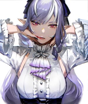 1girl black_nails blood blood_in_mouth breasts commentary dated_commentary highres large_breasts looking_at_viewer mole mole_under_eye multicolored_hair otimusyairoha pointy_ears purple_eyes purple_hair shirt simple_background solo two-tone_hair upper_body vivian_banshee white_background white_hair white_shirt zenless_zone_zero