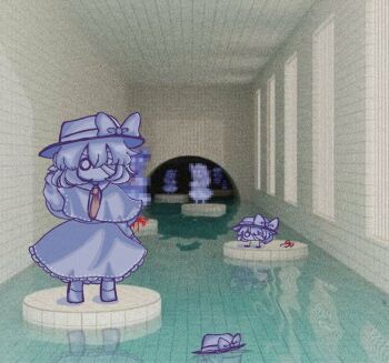 1girl bandage_over_one_eye blank_eyes blood bow capelet ceiling censored chibi clone collared_shirt fedora film_grain floating_hat frilled_skirt frills full_body hand_in_own_hair hand_on_own_hat hat hat_bow liminal_space long_sleeves mosaic_censoring necktie red_necktie reflection reflective_liquid ribbon-trimmed_capelet ribbon_trim shirt skirt sleepwalk_zzz tile_ceiling tile_floor tile_wall tiles touhou unworn_hat unworn_headwear usami_renko water white_bow