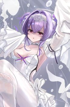 1girl absurdres armpits collarbone commentary_request detached_sleeves goddess_of_victory:_nikke hair_between_eyes hair_intakes headpiece highres leotard liberalio_(nikke) long_sleeves looking_at_viewer pantyhose parted_lips purple_eyes purple_hair short_twintails sleeves_past_fingers sleeves_past_wrists solo sunameri_(pixiv3564245) twintails white_leotard white_pantyhose white_sleeves