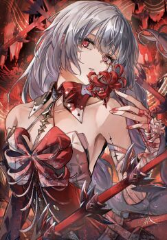 Rule 34 | 1girl, bare shoulders, breasts, commentary request, dress, fingernails, flower, grey eyes, grey hair, halter dress, halterneck, heterochromia, highres, holding, holding flower, long hair, looking at viewer, medium breasts, nail polish, parted lips, phrolova (wuthering waves), red dress, red eyes, red nails, solo, spider lily, tacet mark (wuthering waves), tearing up, upper body, wuthering waves, yoru shiki