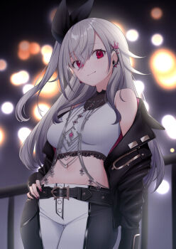 1girl adversarial_noise bare_shoulders belt belt_buckle black_belt breasts buckle cowboy_shot crossed_bangs down_jacket earrings gem grey_hair hand_on_own_hip highres hip_bones hololive hololive_dev_is isaki_riona jacket jewelry long_hair looking_at_viewer medium_breasts mismatched_earrings nail_polish necklace night off_shoulder open_clothes open_jacket pants rabbit_bow red_eyes red_gemstone shirt side_ponytail skoll_world solo spiked_ear_piercing tank_top tight_clothes tight_pants tight_shirt turtleneck virtual_youtuber white_tank_top