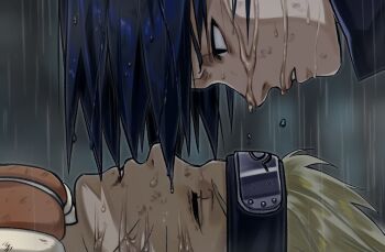 Rule 34 | bagyuli271, black shirt, blonde hair, blue hair, blurry, blurry background, closed eyes, dirty, dirty face, facial mark, furrowed brow, jacket, konohagakure symbol, leaning forward, looking at another, lying, naruto (series), on back, orange jacket, parted lips, rain, shirt, short hair, uchiha sasuke, upper body, uzumaki naruto, wet, whisker markings