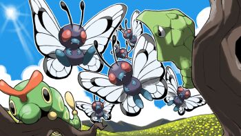 Rule 34 | animal focus, antennae, blacknirrow, blue sky, bug, butterfree, caterpie, cloud, day, evolutionary line, flying, gen 1 pokemon, half-closed eyes, highres, insect wings, metapod, nintendo, no humans, outdoors, outline, pokemon, pokemon (creature), pokemon focus, red eyes, sky, sun, tree, white outline, wings