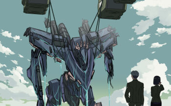 1boy 1girl armor armored_core battle_damage blue_armor challia_bull cloud cloudy_sky comoli_harcourt damaged from_behind gradient_sky gundam gundam_gquuuuuux highres is_this_the_rose_of_sharon?_(meme) mecha mecha_focus meme parody robot scene_reference sky solo_focus stasis sudrajatdhanu water