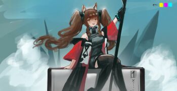 Rule 34 | 1girl, :d, absurdres, angelina (arknights), animal ear fluff, animal ears, arknights, arknights: endfield, black thighhighs, bloom, bracelet, breasts, brown hair, coat, dot nose, dress, floating hair, foot out of frame, fox ears, fox girl, gilberta (arknights), grey dress, hand up, headpiece, high collar, highres, holding, holding staff, infection monitor (arknights), jewelry, long hair, long sidelocks, looking at viewer, medium breasts, off shoulder, open mouth, orange eyes, originium (arknights), red coat, sidelocks, sitting, sleeveless, sleeveless dress, smile, solo, staff, teeth, thighhighs, twintails, upper teeth only, waqpacc