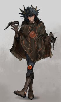 1boy black_hair blue_eyes blue_pants brown_footwear brown_gloves brown_poncho cloak fudo_yusei gloves grey_background gun handgun highres holding holding_gun holding_weapon knee_pads looking_to_the_side male_focus momentcorefly pants poncho revolver spinning_weapon walking_away weapon yu-gi-oh! yu-gi-oh!_5d&#039;s