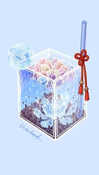 artist_request blue_background blue_flower cup drink drinking_glass drinking_straw flower flower_knot foodification ganyu_(genshin_impact) genshin_impact highres ice ice_cube signature simple_background source_request tassel third-party_source water