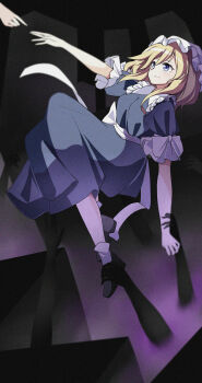 Rule 34 | 2girls, absurdres, black shoes, blonde hair, bow, check commentary, chinese commentary, closed mouth, commentary request, contrast collar, dress, frilled shirt collar, frills, grabbing another's arm, grabbing another's leg, hat, highres, lian mang, maribel hearn, medium hair, mob cap, multiple girls, purple dress, purple eyes, reaching, reaching towards another, shoes, short sleeves, socks, solo focus, touhou, usami renko, white bow, white hat, white socks