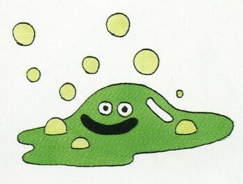 Rule 34 | :d, black eyes, bubble, bubble slime, creature, creature focus, dragon quest, no humans, official art, open mouth, scan, scan artifacts, slime (substance), smile, third-party source, toriyama akira, white background